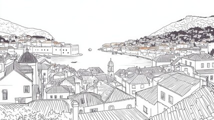 Fototapeta premium Dubrovnik Cityscape Line Art Coloring Page - A detailed line art coloring page depicting the beautiful cityscape of Dubrovnik, Croatia. This evokes concepts of travel, architecture, history