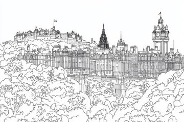 Obraz premium Edinburgh Skyline Coloring Page - A detailed line art coloring page depicting the Edinburgh skyline, symbolizing history, architecture, nature, tourism