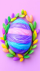 Colorful egg decorated with vibrant swirls encircled by a garland of leaves