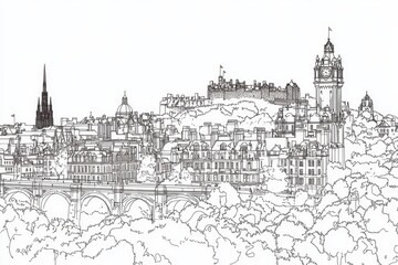 Fototapeta premium Edinburgh Skyline Line Art Coloring Page - A detailed line art coloring page depicting the Edinburgh skyline, symbolizing history, architecture, nature, cityscape