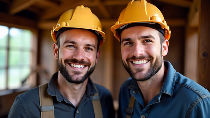 portrait of happy young male builder with beard smiling at camera