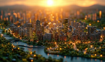 Obraz premium Illuminated cityscape model sunset glow