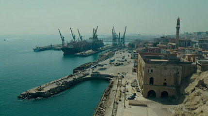 Aerial view of a bustling port city with cargo ships, cranes, and historic architecture. Background shows clear sky and calm sea.  Useful for travel, industry, or historical documentaries