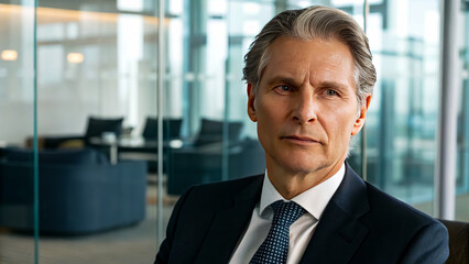Fototapeta premium Confident Mature Businessman Portrait Serious Executive Professional Modern Office Setting Corporate Success Leadership Image Strong Powerful Man Gray