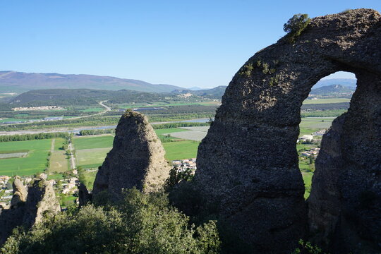 scenic view of Les M&eacute;es, an unusual rocky outcrop in the South of France, the valley and the neddle hole