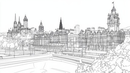 Fototapeta premium Glasgow Skyline Coloring Page - Detailed line art coloring page of the Glasgow skyline, featuring iconic buildings, a city landscape, architectural details