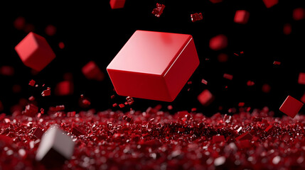 Red Geometric Cubes Floating Above Small Red Fragments On Black Background