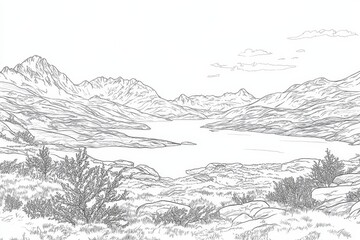 Fototapeta premium Hardangervidda National Park Norway Line Art Coloring Page - A serene line art coloring page depicting Hardangervidda National Park in Norway. Five key concepts are symbolized: mountains, lake