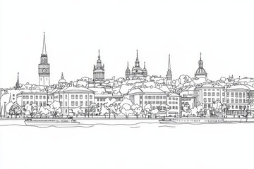 Fototapeta premium Helsinki Skyline Line Art Coloring Page - A detailed line art coloring page depicting the Helsinki skyline, symbolizing architecture, cityscape, history, travel, and Finland