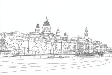 Obraz premium Helsinki Skyline Line Art Coloring Page - A detailed line art coloring page depicting the Helsinki cityscape, symbolizing architecture, history, travel, nature