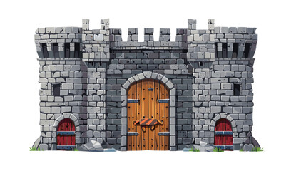 Fantasy RPG royal tower, Stone castle wall vector background, medieval brick gate, old town entrance, wooden ancient door, gray fortification history, masonry castle wall © aura studio