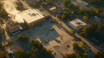 Aerial view of distribution center, morning steam, suburban setting, logistics, industrial area