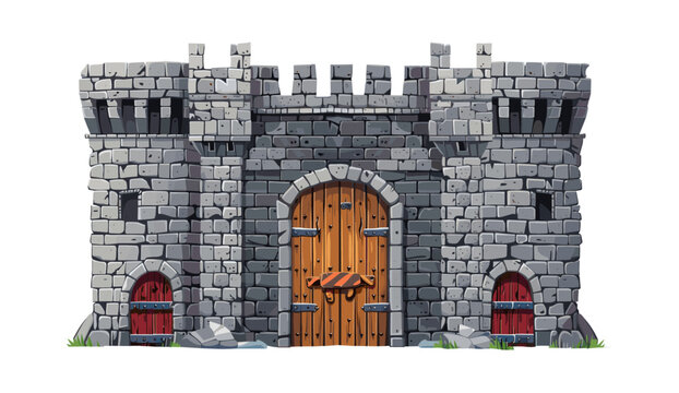Fantasy RPG royal tower, Stone castle wall vector background, medieval brick gate, old town entrance, wooden ancient door, gray fortification history, masonry castle wall