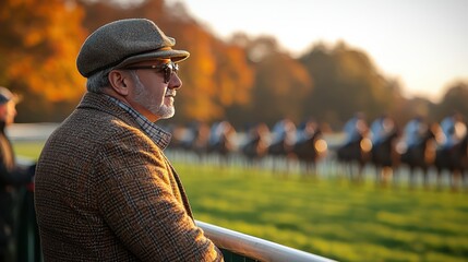 An older gentleman watches horses race from the fence outside