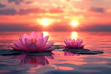 The photo captures a beautiful sunset highlighting the rich colors reflected on the serene body of water Fiery sunset over a calm vast ocean .