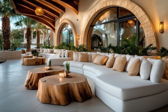 Luxury business retreat at a five-star resort highlighting networking lounges and premium branding in an elegant setting