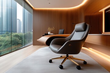 Fototapeta premium High-tech home office of a top executive featuring minimalist design and smart displays in a modern urban setting