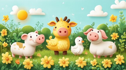 Naklejka premium Colorful Cartoon Farm Animals in a Sunny Meadow with Flowers