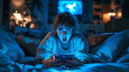 Youth sitting on a sofa, showing fear and excitement while watching a horror film, huge 3D cellphone screen in the background, blue theme 