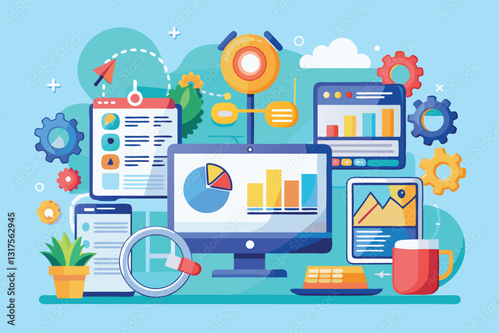 Poster this vibrant setup showcases various digital devices displaying analytics and graphs for data manage