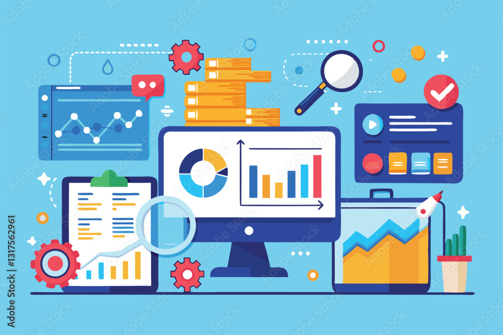 Poster analytics tools are depicted on screens, showcasing data graphs and information in a dynamic setup, 