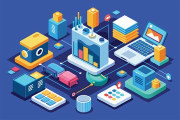Obraz premium This representation showcases a customizable analytics setup featuring devices, graphs, and data organization elements, Setup analytics Customizable Isometric Illustration