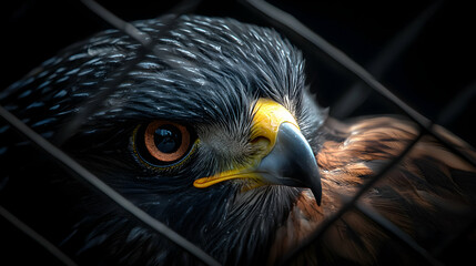 Close up of bird looking forward behind a cage