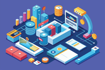 Fototapeta premium A detailed isometric layout showcasing various analytics tools, data visualization, and customized components, Setup analytics Customizable Isometric Illustration