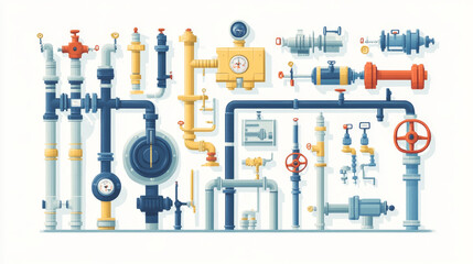 Details pipes different types collection of water tube industry gas valve construction and oil industrial pressure technology plumbing vector illustration.