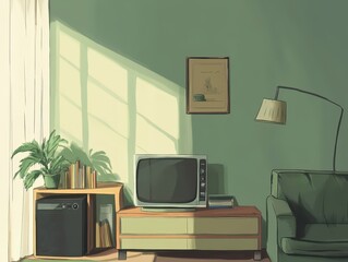 A retro style living room with television and natural light