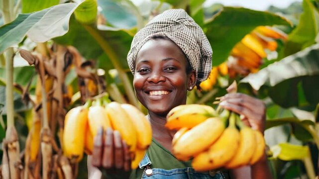Smiling African woman holding bananas in her hands. Harvest and gathering fruits concept.
