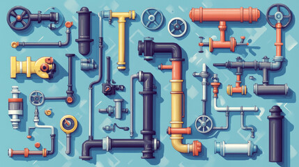 Details pipes different types collection of water tube industry gas valve construction and oil industrial pressure technology plumbing vector illustration.