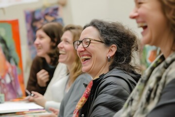 Diverse group of artists sharing a joyful moment, laughing and bonding during a collaborative creative session in a vibrant studio setting