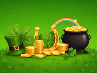 illustration for st patrick's day pot of gold and golden horseshoe on green background