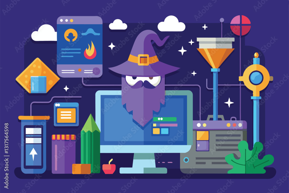 Poster a playful setup wizard character interacts with various tech tools and systems in a vibrant workspac