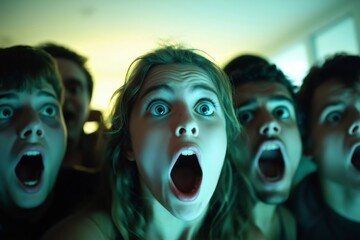 Friends screaming and gasping in fear while watching a horror movie in the dark, sharing a thrilling night filled with suspense and terror