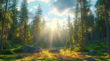 Fototapeta premium Sunlit Forest Path, Autumn Leaves