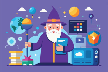 A whimsical wizard character holds a tablet while surrounded by tech icons and playful graphics in a flat design, Setup wizard Customizable Flat Illustration