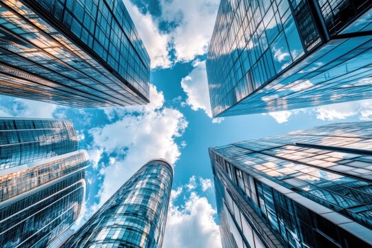 An upward perspective of skyscrapers surging into a bright blue sky with fluffy clouds, creating a striking contrast between urban construction and natural elements overhead in London UK