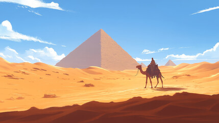 Desert travel with camel, tourist people at egypt sand summer landscape vector illustration. Sun tourism at nature, safari adventure background. Man woman look for pyramid, hot sahara.