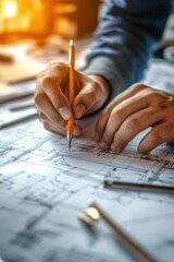 Architecture drawing on architectural project business architecture building construction Colleagues designer Planning Design on blueprint with compasses