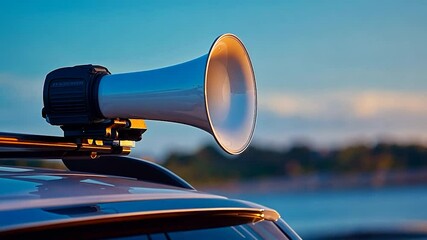 Vehicle-mounted megaphone against a serene backdrop