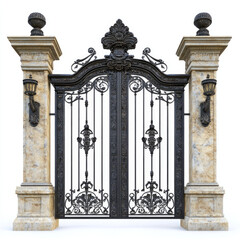 Ornate black metal gate with stone pillars and decorative lamps on a white background