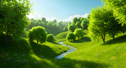 Obraz premium Enchanting Green Landscape - Vibrant Scenery and Lush Fields