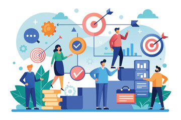 A diverse group of individuals engages in collaborative planning to achieve shared goals through design, Shared goals Customizable Flat Illustration