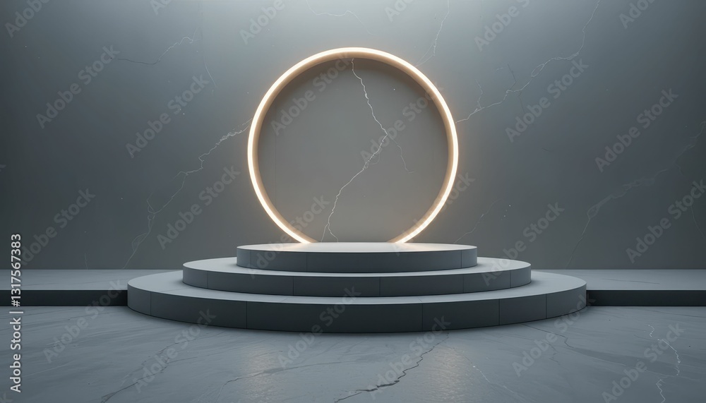Poster minimalistic display stage with illuminated round frame and steps