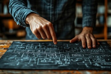 Hands reviewing intricate chalk design on dark surface
