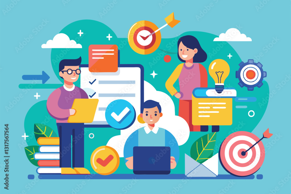 Poster a group of individuals focuses on shared objectives while utilizing technology and engaging in teamw