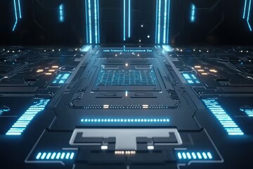 Futuristic platform sleek, dark, blue-lit circuitry with a grid-like center piece