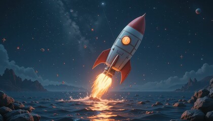 Fototapeta premium Retro Rocket Launching into Starry Night Sky Over Calm Ocean